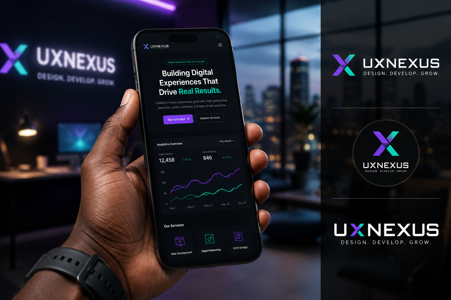 Smartphone held in hand displaying a dark-mode mobile web design in Kenya dashboard with analytics, built by UXNEXUS, the best web designers in Kenya and a top digital marketing agency in Kenya.